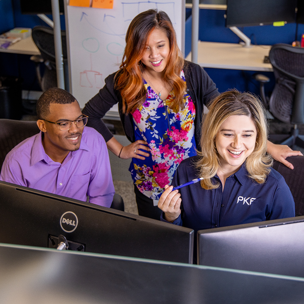 PKF Texas Team looking at computer